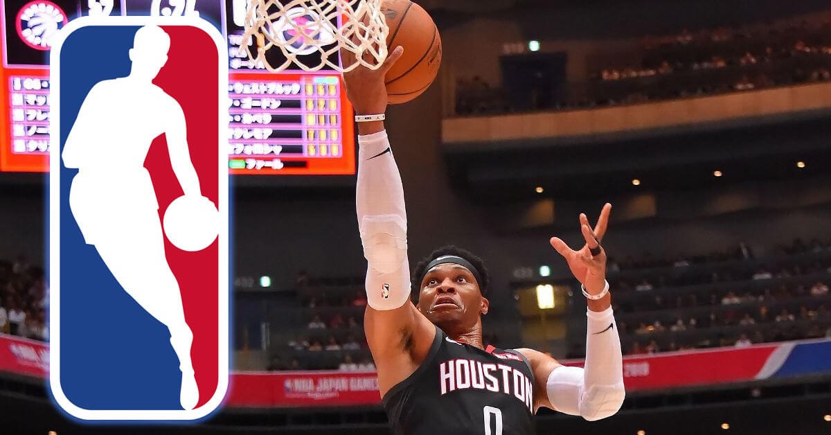 Russell Westbrook, Houston Rockets Throwing the Ball Through the Basket - NBA Logo