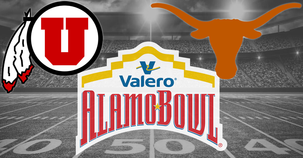 Utah Utes vs Texas Longhorns Logos - Valero Alamo Bowl Logo - Football Field Background