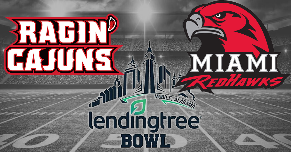 Louisiana-Lafayette Ragin’ Cajuns vs Miami-OH Redhawks Logos - LendingTree Bowl Logo