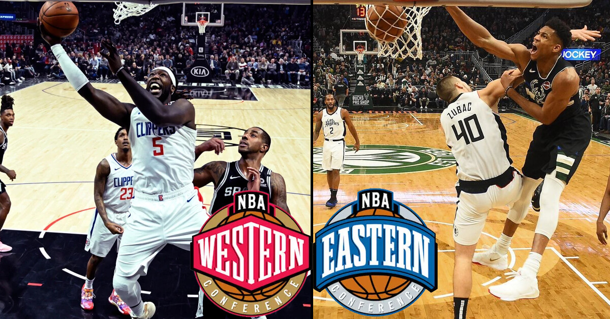 Montrezl Harrell, Los Angeles Clippers - Giannis Antetokounmpo, Milwaukee Bucks - NBA Western Conference Logo NBA Eastern Conference Logo