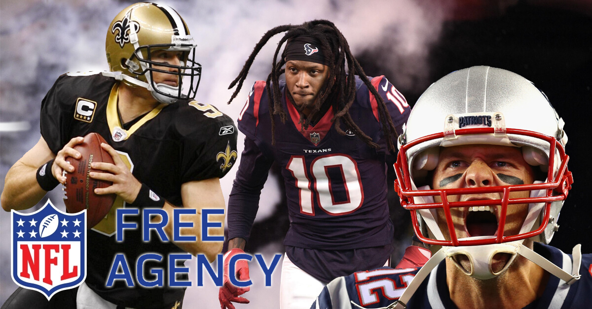 Football Players Tom Brady, Drew Brees and DeAndre Hopkins - NFL Free Agency Logo