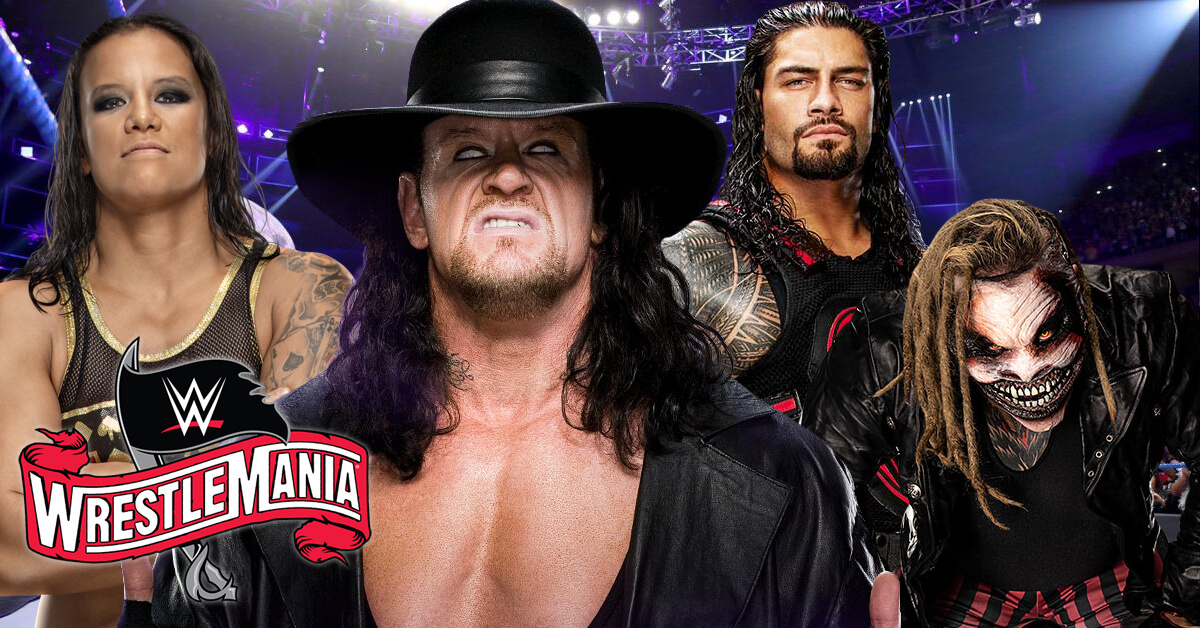 Wrestlers Shayna Baszler, Roman Reigns, Bray Wyatt and Undertaker - Wrestlemania 36 Logo