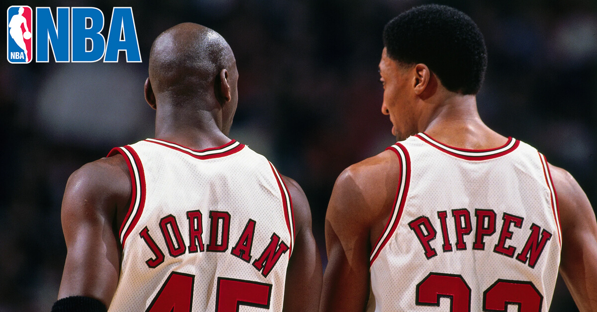 Scottie Pippen and Michael Jordan With Their Backs to the Camera - NBA Logo
