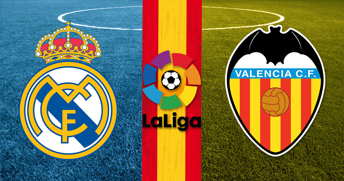 Real Madrid vs Valencia Logos - La Liga Logo - Spain Flag