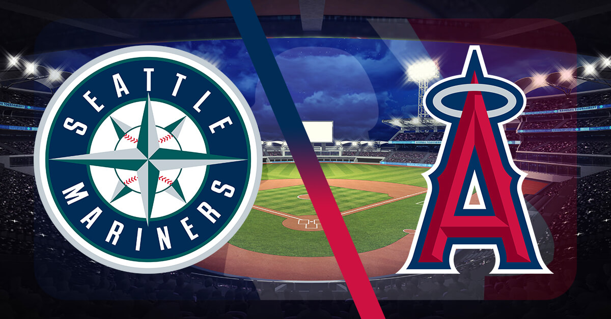 Seattle Mariners vs Los Angeles Angels Logos - MLB Logo - Baseball Field Background
