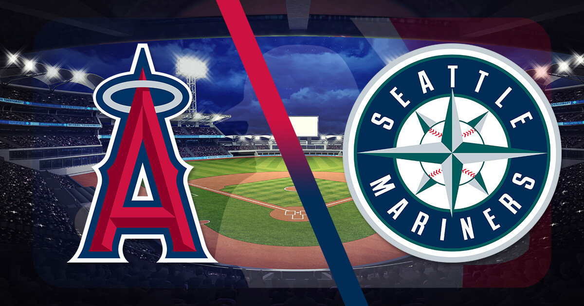 Los Angeles Angels vs Seattle Mariners Logos - MLB Logo - Baseball Field Background